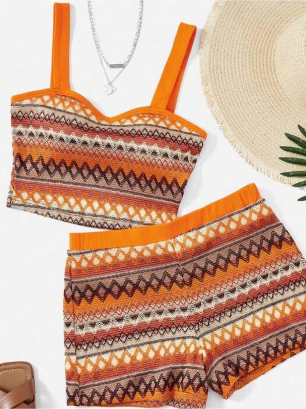 Orange Aztec Knit Crop Top & Shorts Set